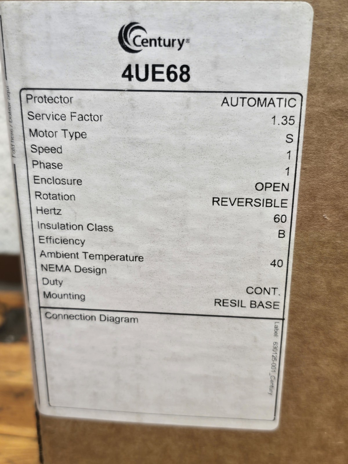 Century AC Motor 4UE68, 115VAC, 1Ph, 60Hz, 1725 RPM, 1/6 HP NEW