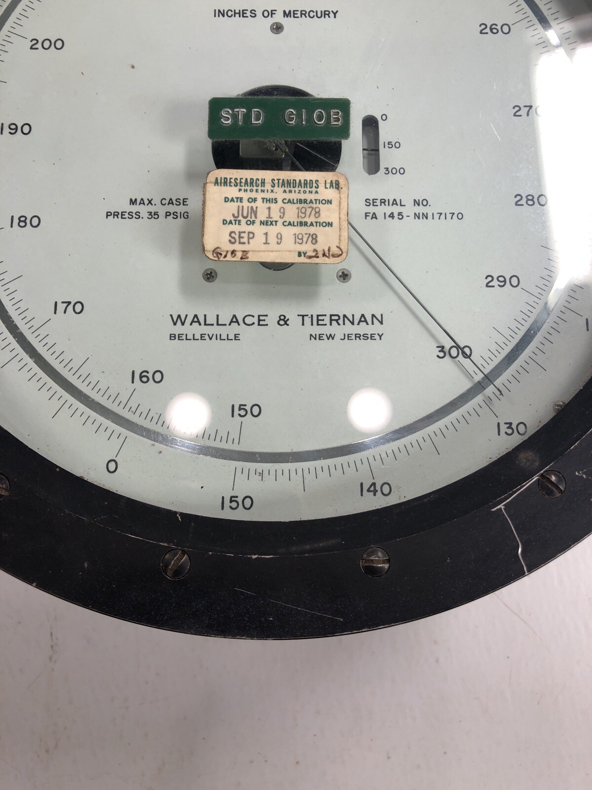 Wallace and Tiernan # FA145 inches of mercury pressure gauge 0-300
