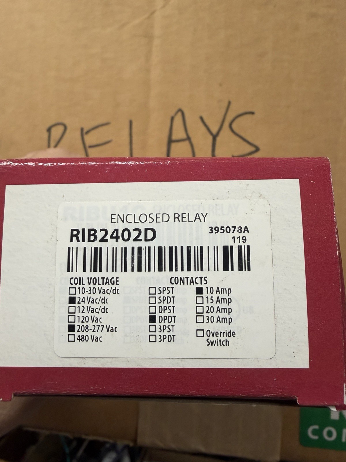Relay RIB2402D Multi-Voltage Enclosed DPDT Override Devices Max 30A Min 10A