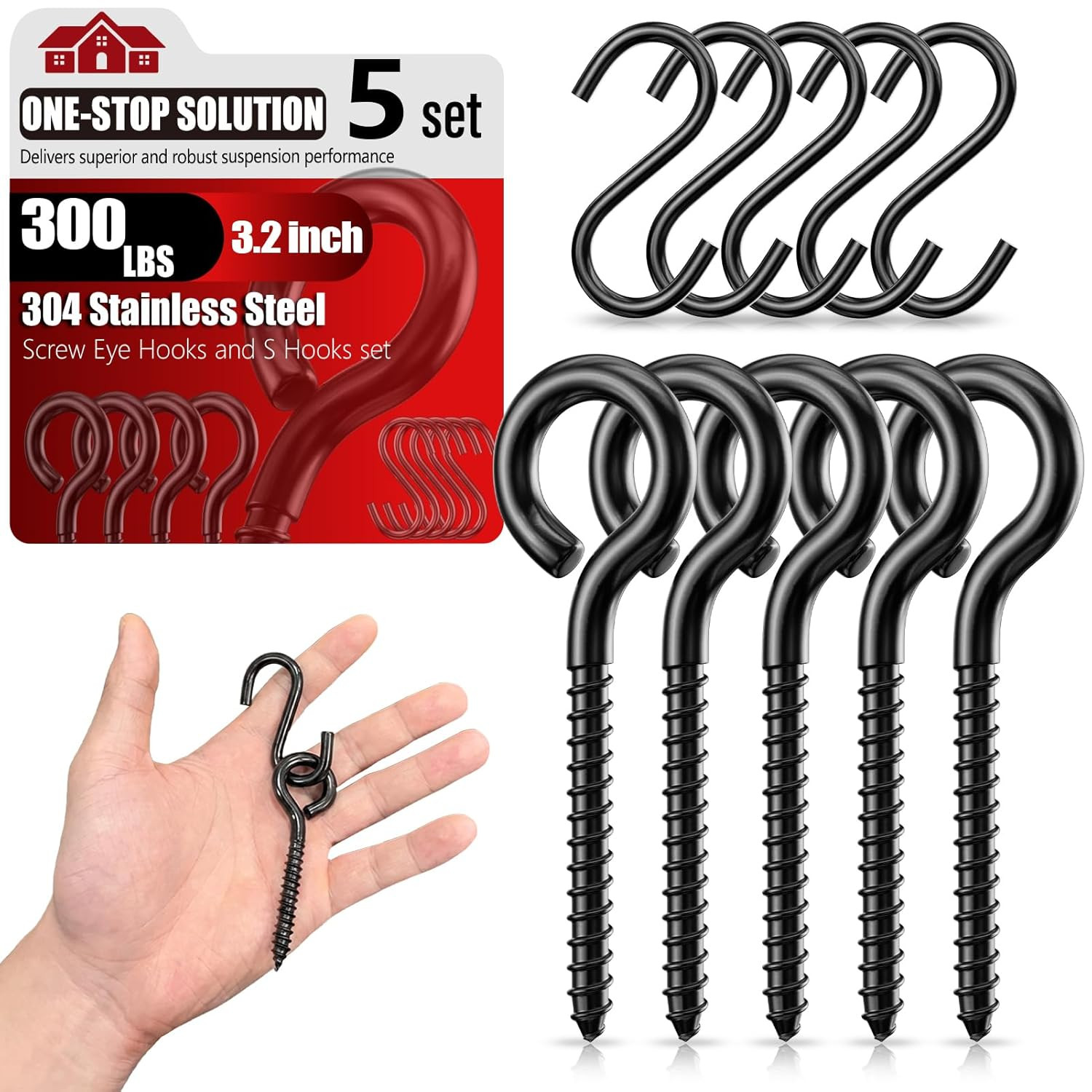 300LBS Heavy Duty 3.2 Inch 304 Stainless Steel Screw Eye Hooks with 5 S-Hooks, S