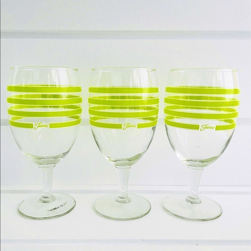 Fiesta Set of 3 Retired Chartreuse Striped Stemmed Goblet Wine Glasses