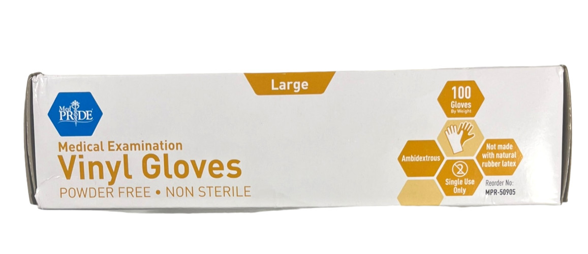 MedPride / MED Pride – LARGE Powder-Free Vinyl Exam Gloves – Box Of 100