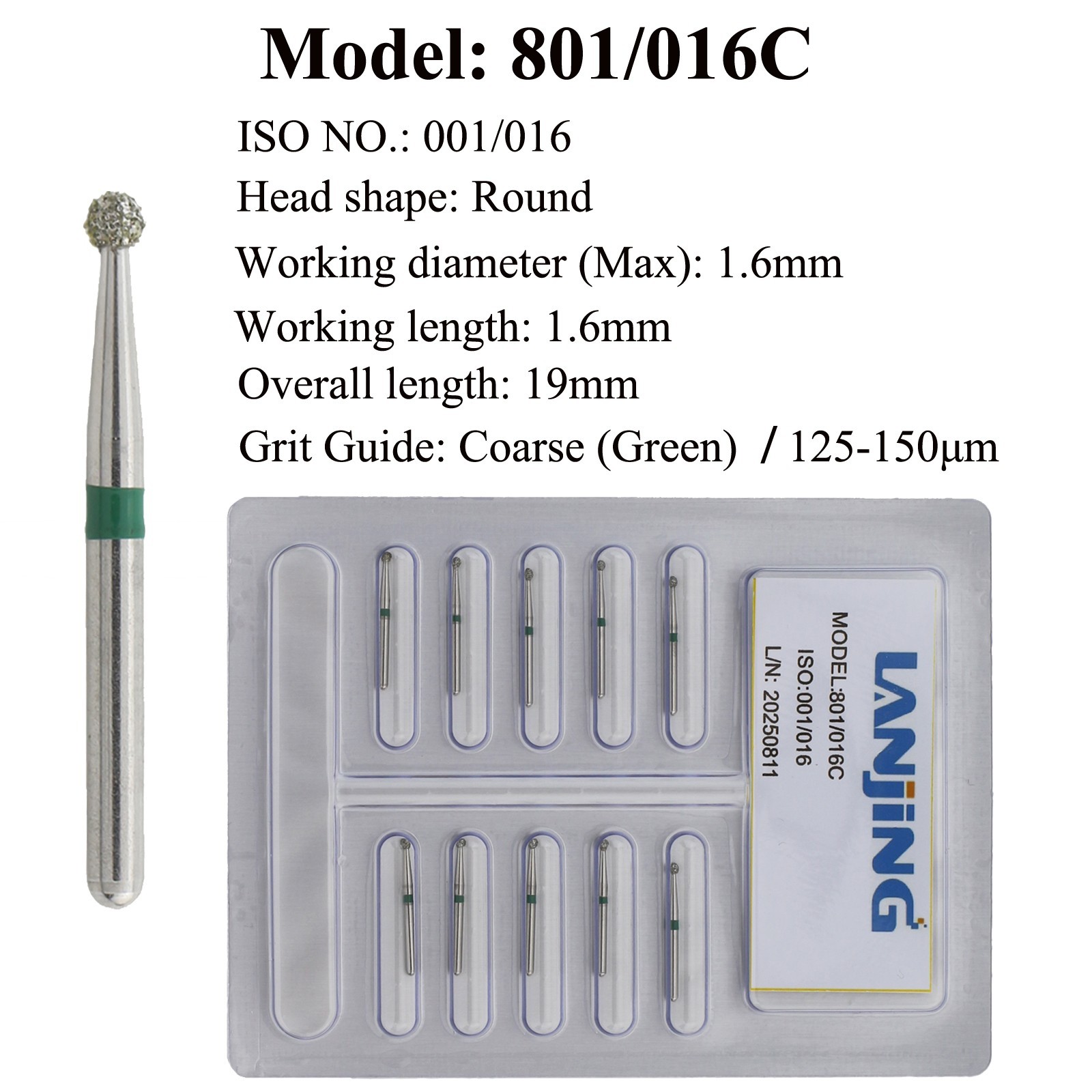 Dental Ball Round Diamond Burs 801 Bur 016 023 Fine Super Coarse FG High Speed