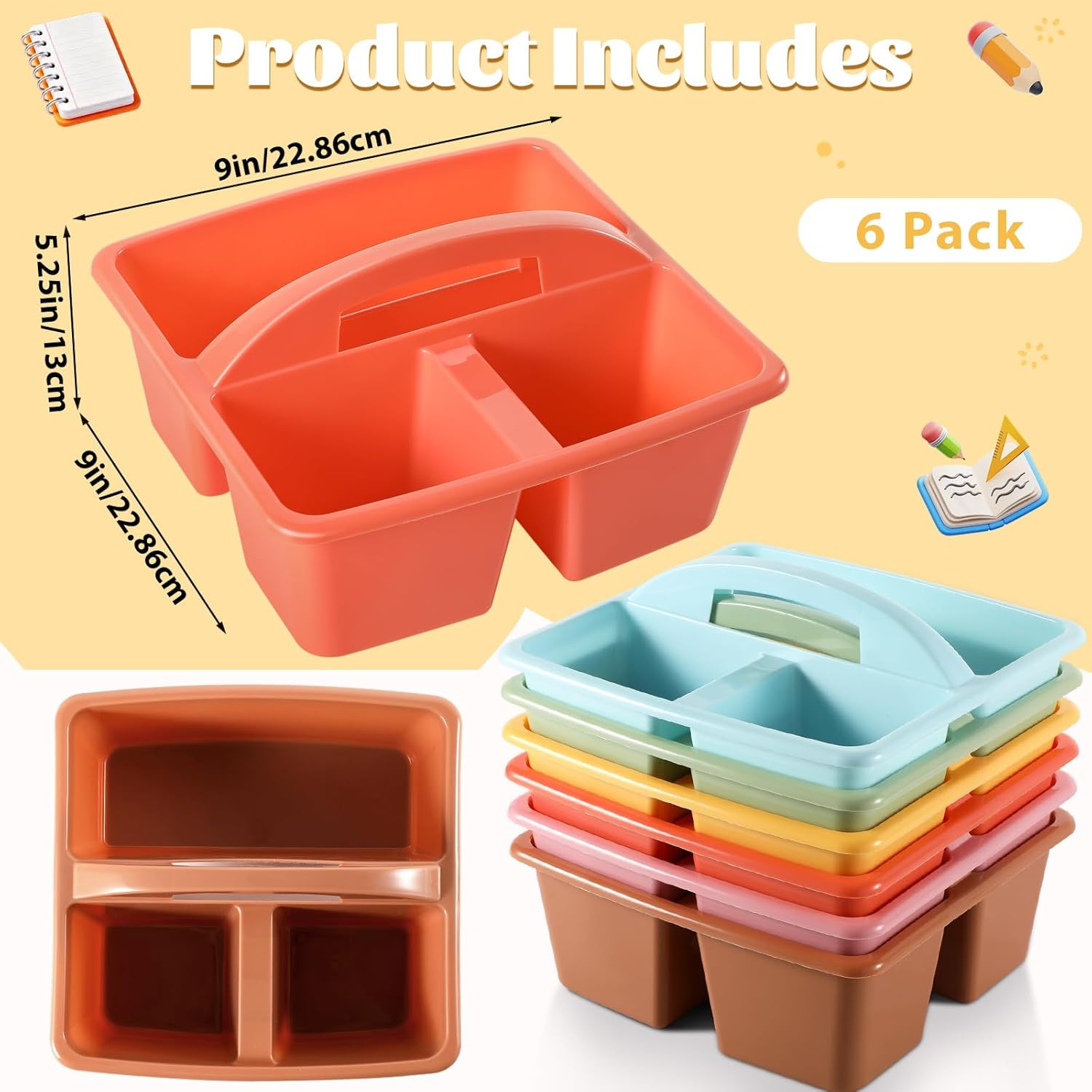 6 Pack 3 Compartment Small Caddy Plastic Classroom Organizer with Handle Portabl