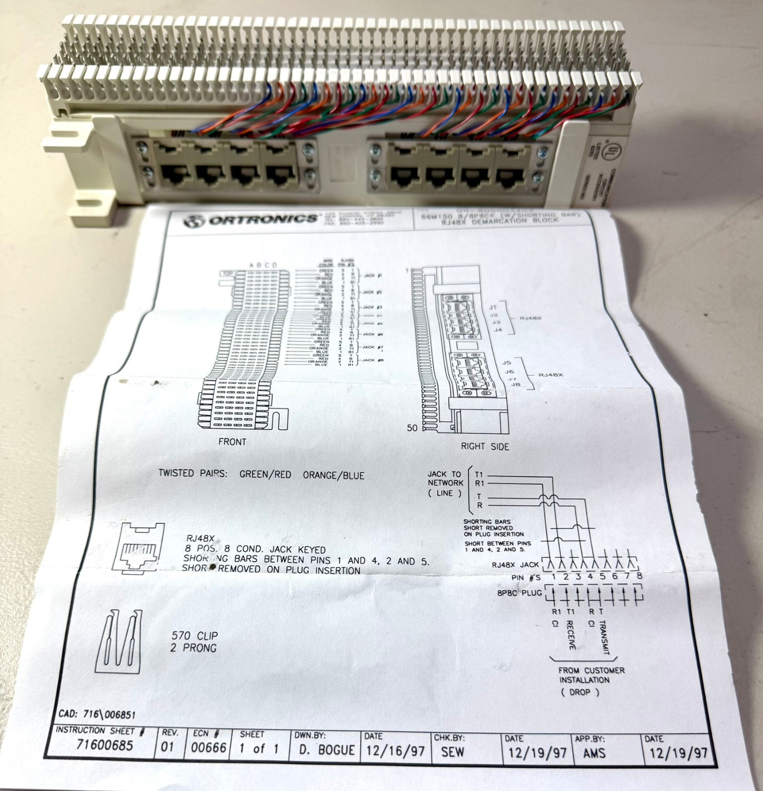 ORTRONICS OR-805003202 S66M150 8/8P8CK T1-Network Interface Block w/Shorting Bar