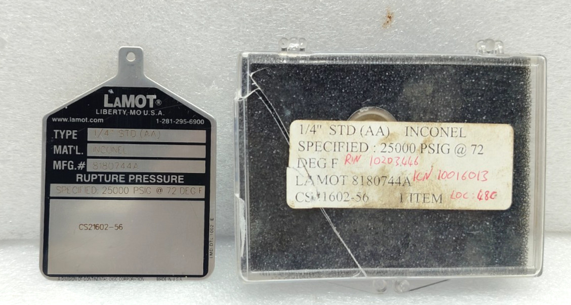 LAMOT 1/4″ STD (AA) 25000 PSIG @ 72 DEG F 316 SS RAPTURE PRESSURE DISC 6 QTY NEW