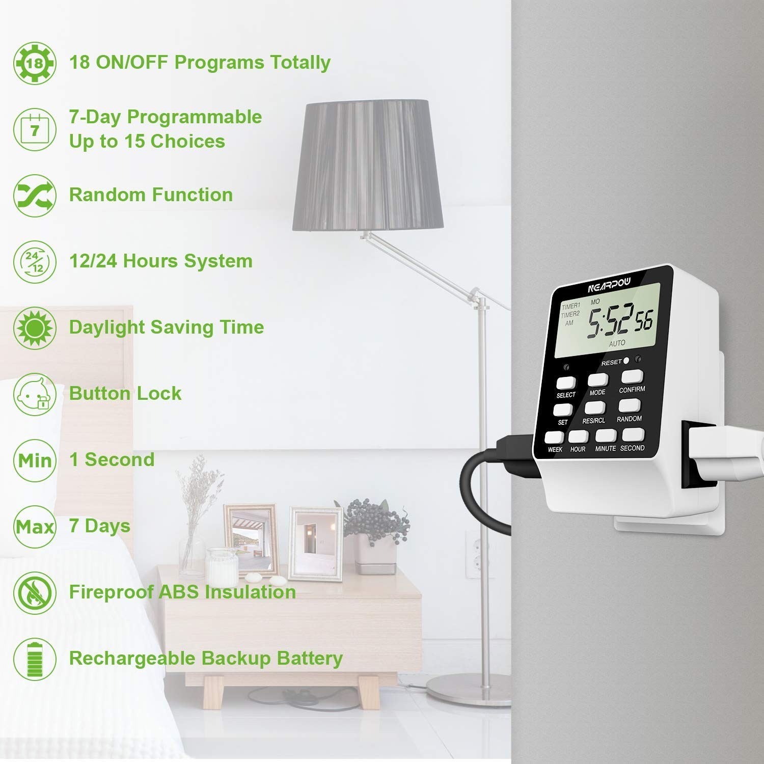 Dual Digital Outlet Timer – 2 Independent Outlets, 18 Programs, Heavy Duty 15A