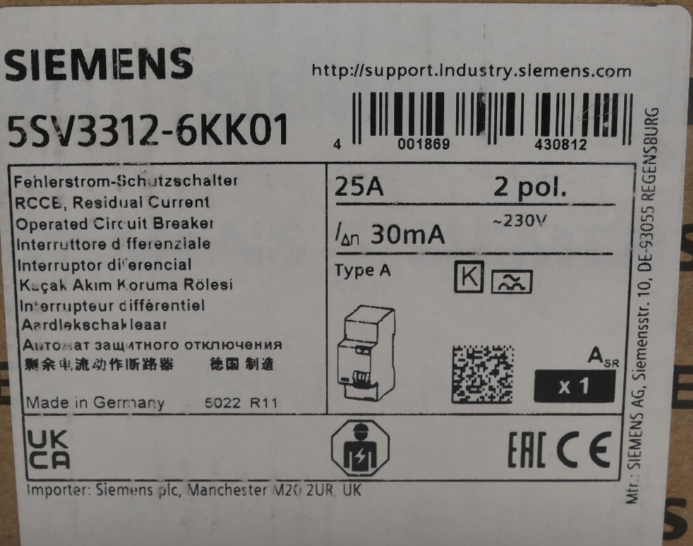 Siemens Residual Current Circuit Breaker 5SV3 312-6KK01 | 25A | 5SV3312-6KK01