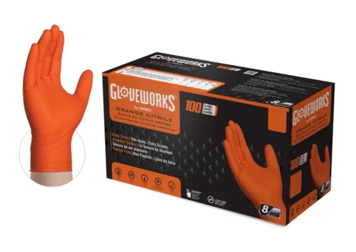 *10 pack* Lg Heavy Duty Orange Nitrile Gloves with Raised Diamond Texture, 8-mil