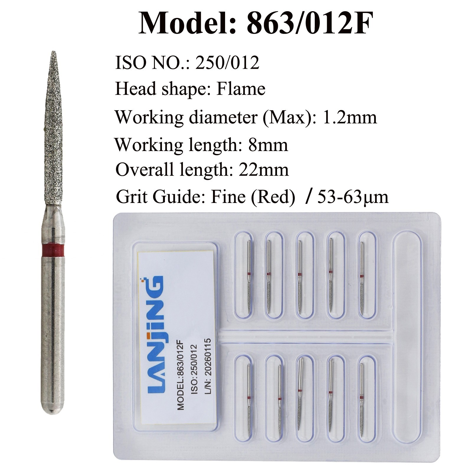 Dental Diamond Burs Flame Fine 863/012F FG Bur High Speed Friction Grip Burr Red