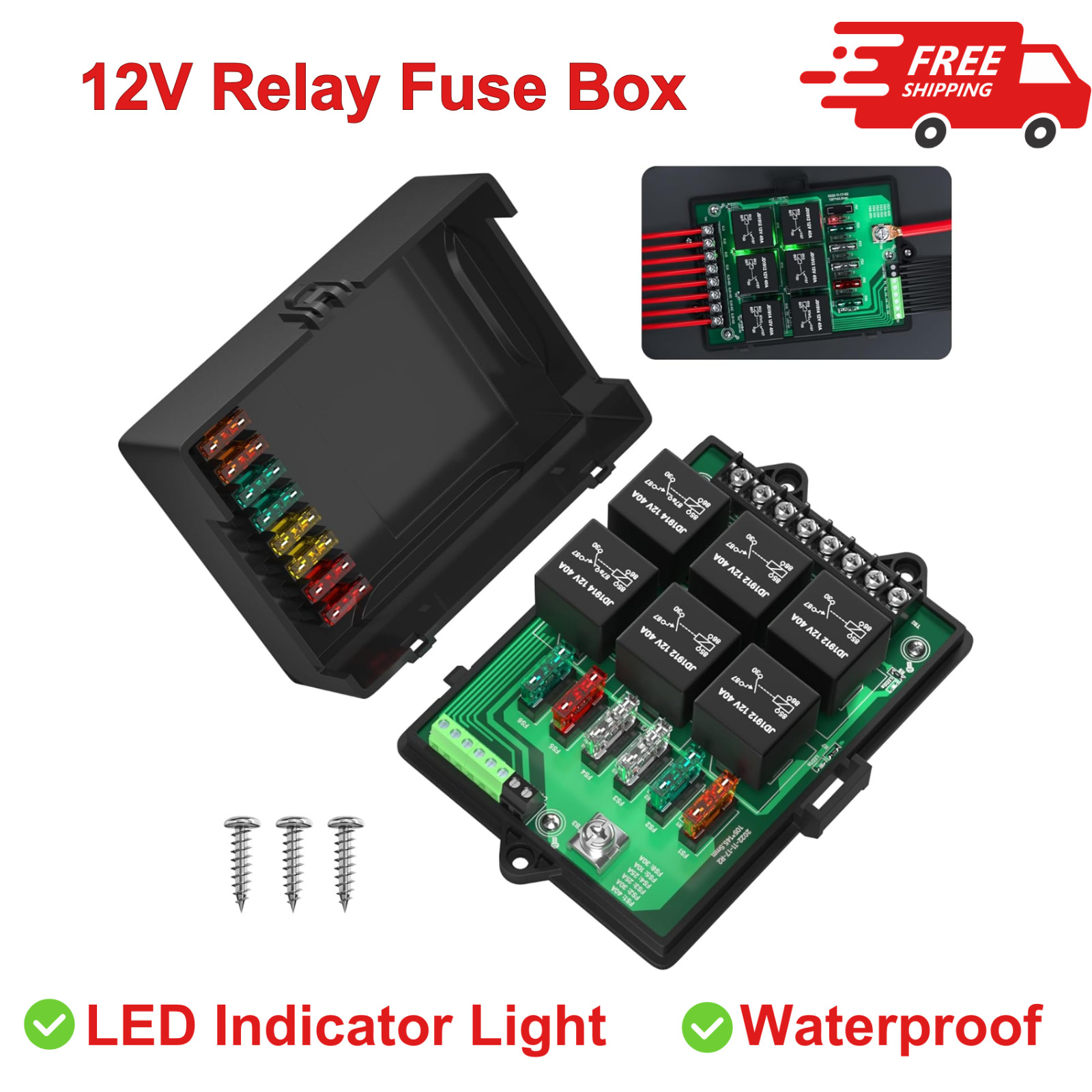 Joinfworld Relay Box Fuse Relay Box 12V Automotive Universal Fuse Panel W/ 6 Way