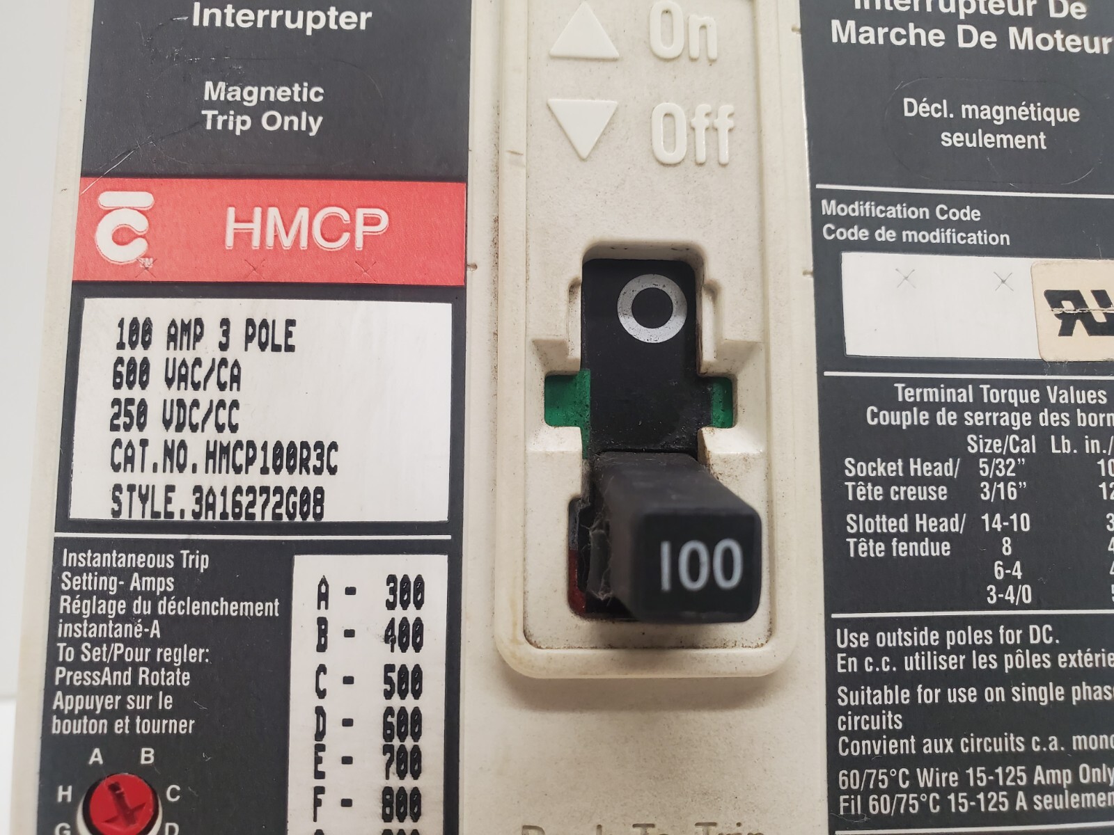 GUARANTEED! CUTLER-HAMMER 100A 3-POLE CIRCUIT BREAKER HMCP100R3C