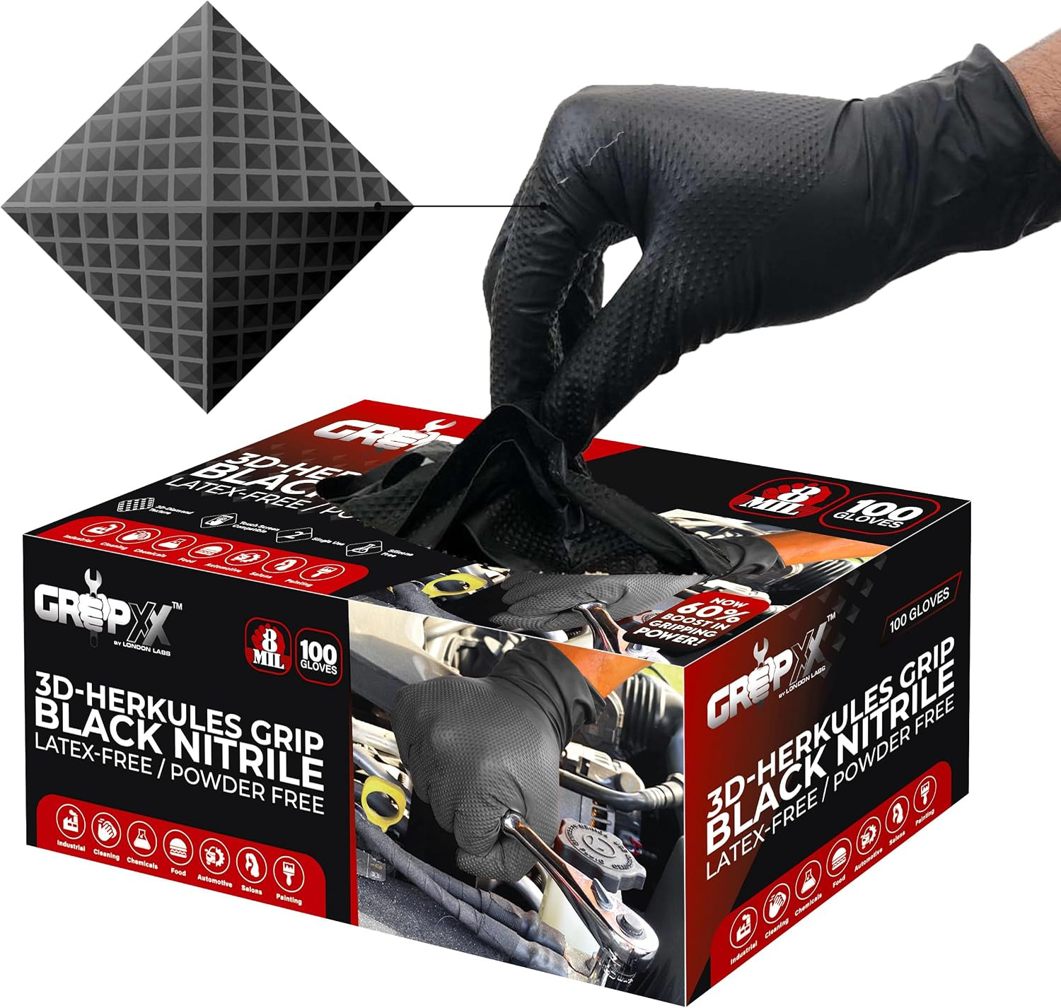 Herkules Grip Heavy Duty 8Mil Black Nitrile Gloves,3D Raised Diamond Texture-Lat