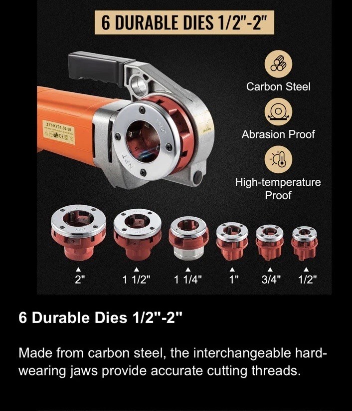 Electric Pipe Threader Portable Machine 2300W, 6 Dies 1/2-2″ , 22 RPM ,Excellent