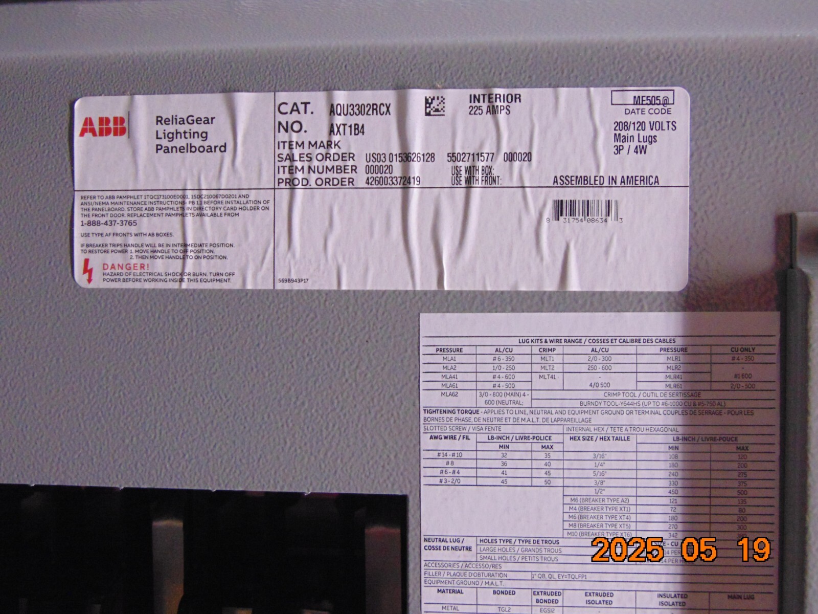 ABB GE AQU3302RCX Panelboard 150 MAIN 120/208 Volt 3PH 4W TUB, COVER & DOOR