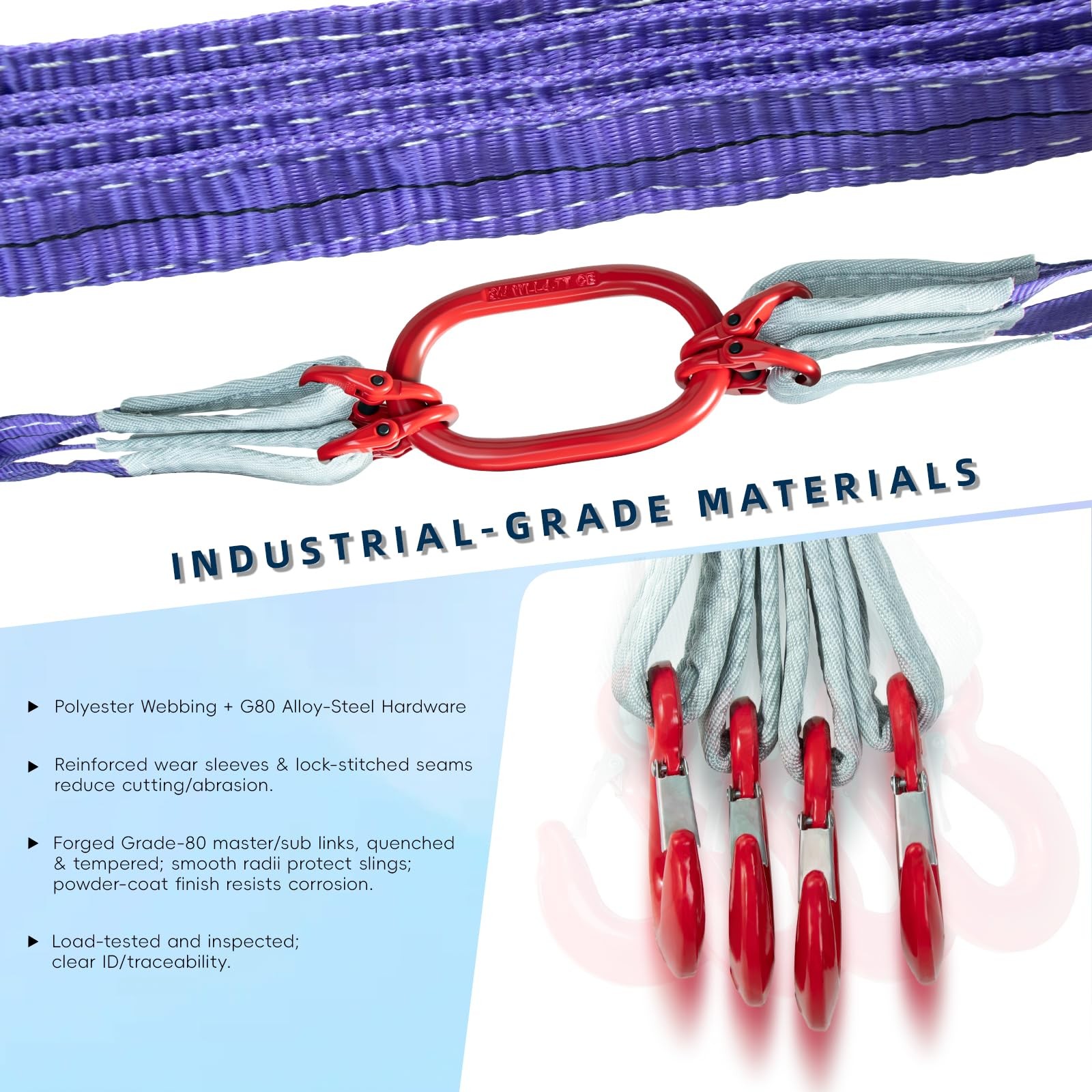 Kivomot 10ft (3m) Polyester Lifting Sling with G80 Hooks and 3 meters, Purple