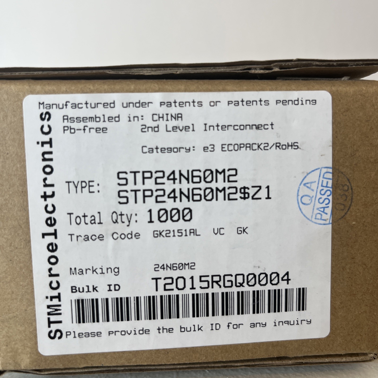 STMicroelectronics STP24N60M2 QTY OF 20 PER LOT (5 LOTS MINIMUM OR $100.00)