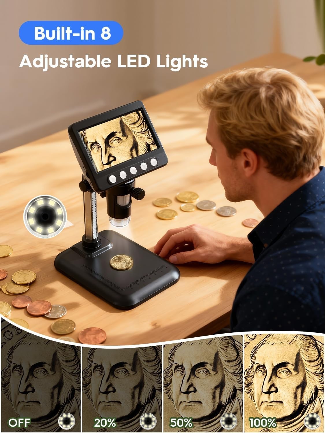 4.3″ LCD Digital Coin Microscope 1000X Magnifier with 8 Adjustable LED Lights