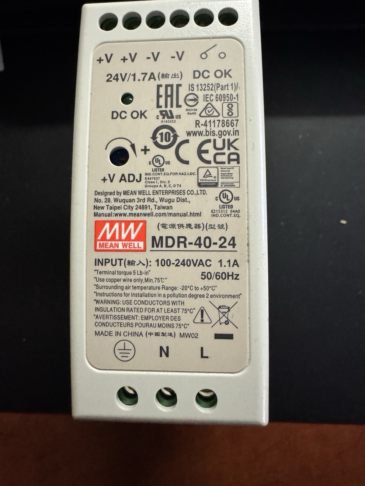 MEAN WELL MDR-40-24 DIN Rail 40W Power Supply 24V 1.7A 100-240V DC OK Adj Output