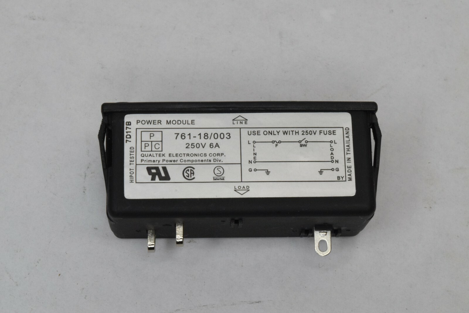 Qualtek IEC Power Jack Switch Input Module Fused Panel Mount IEC320 120v 250v 6A