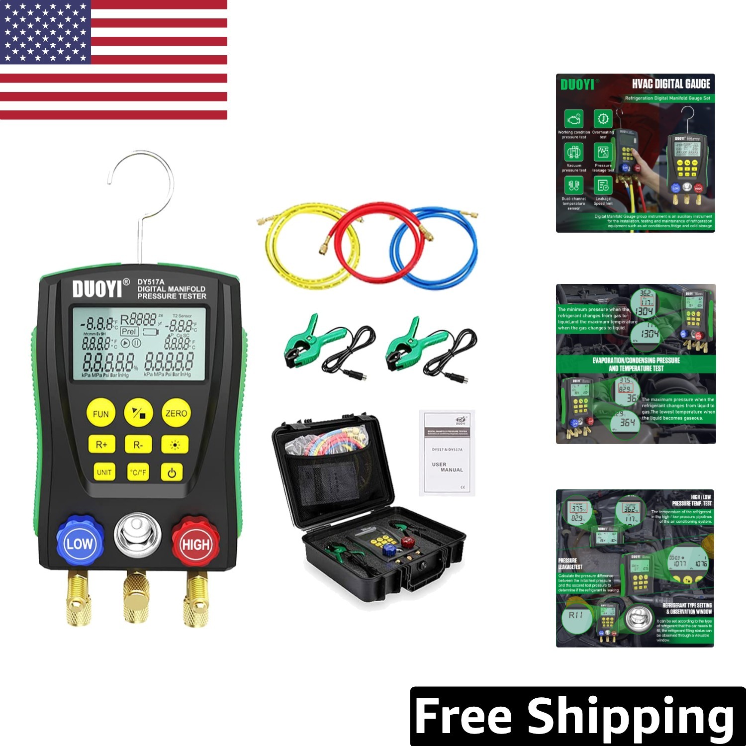Large LCD Digital Manifold Gauge Set with Multi-Unit Switching for HVAC Systems