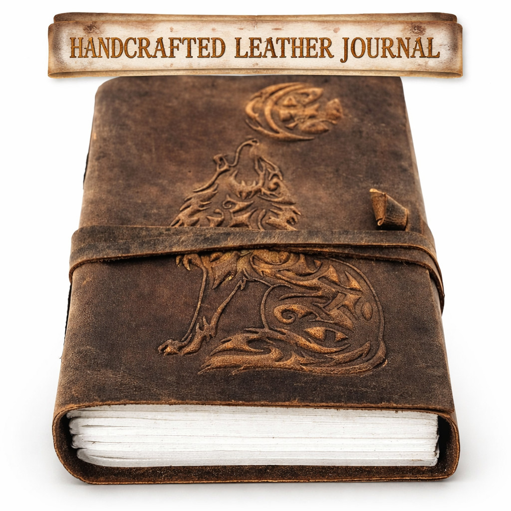 Handmade Leather Journal with Wolf, 200 Unlined Pages Diary | B1G1 Free