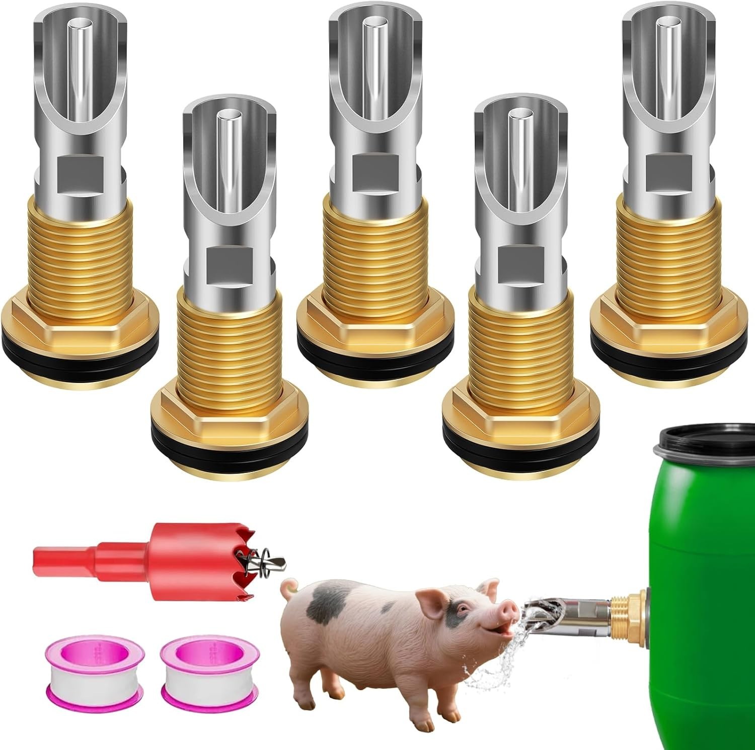 Pig Nipple Waterer 5 Pack Stainless Automatic Hog Drinker Barrel Kit Piglet Feed