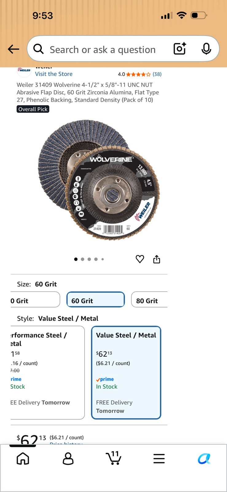 Weiler 31409!Wolverine 4-1/2″ x 5/8″-11 UNC NUT Abrasive Flap Disc, 60 Grit …