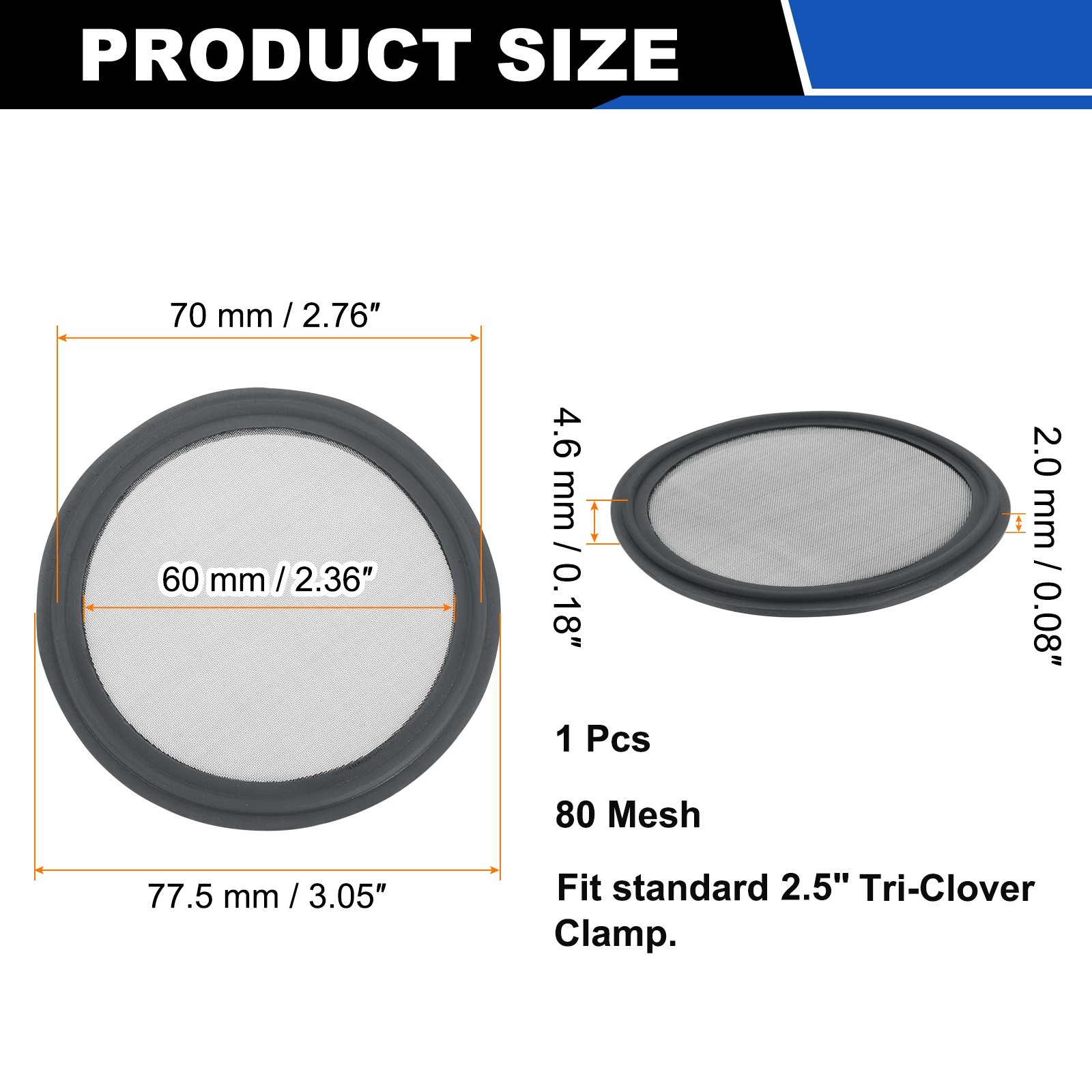 2.5» FKM Sanitary Gasket, 80 Mesh Sanitary Filter Gasket, Grey