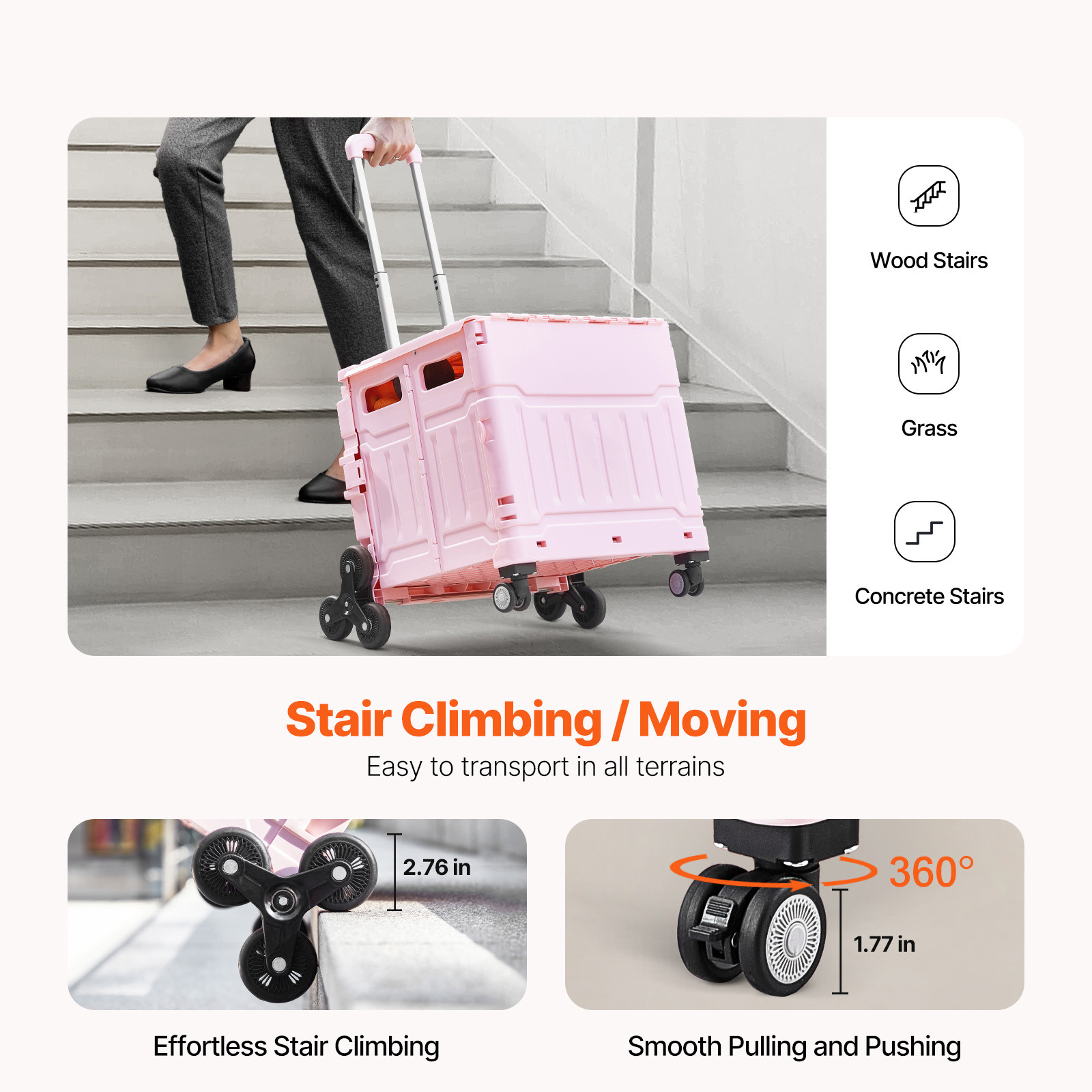 Foldable Cart with Stair Climbing Wheels Collapsible Rolling Crate 65L