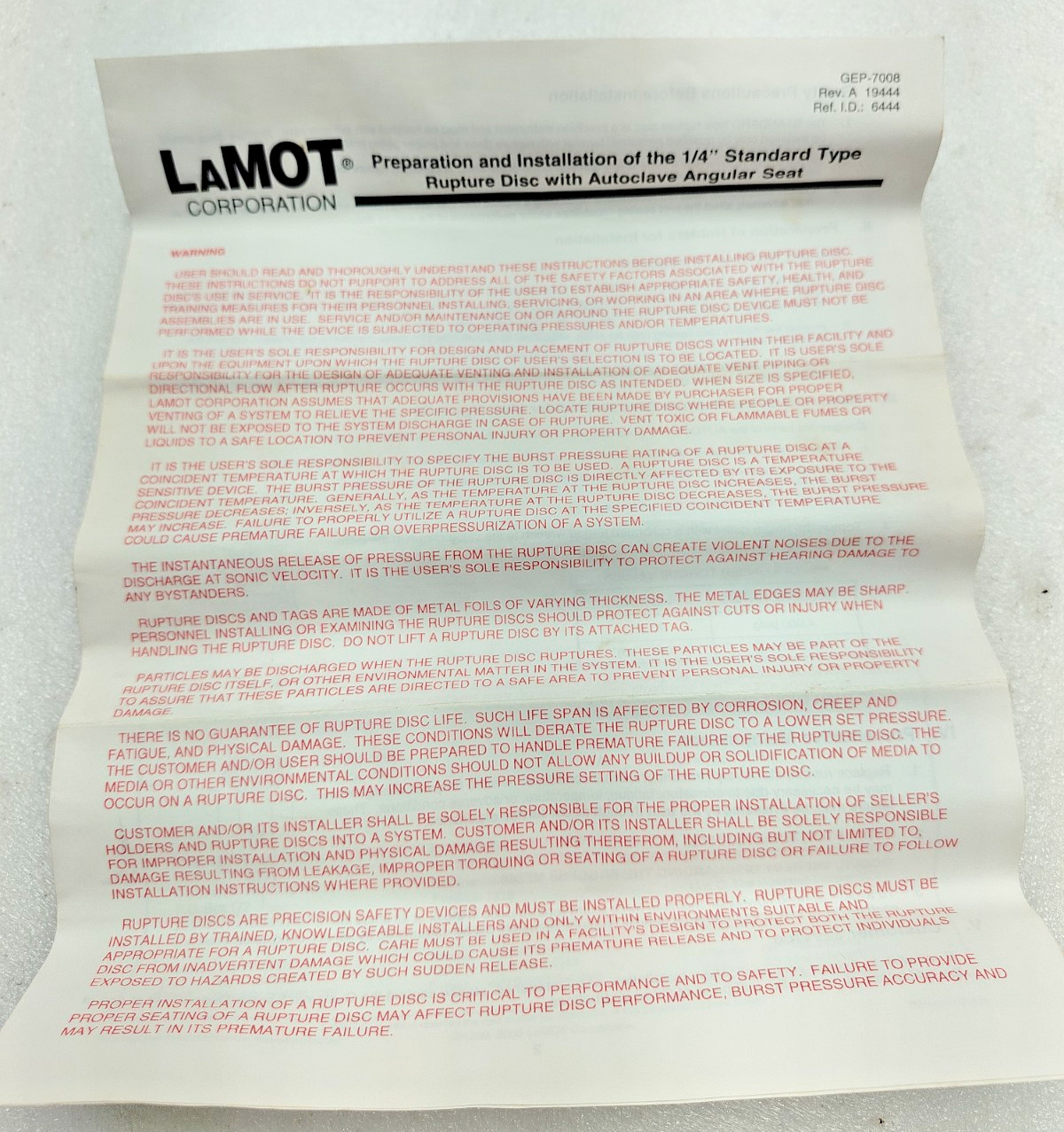 LAMOT 1/4″ STD (AA) 25000 PSIG @ 72 DEG F 316 SS RAPTURE PRESSURE DISC 6 QTY NEW