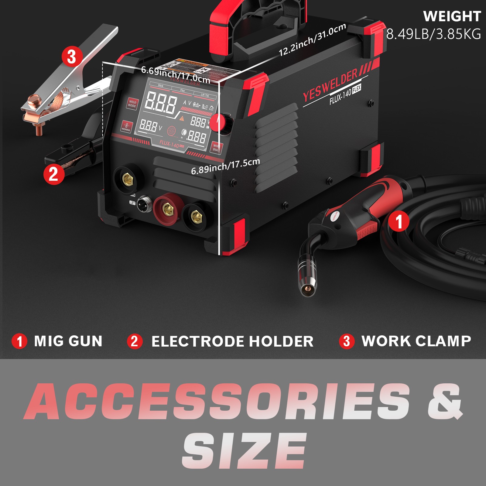 140A 110V Flux Core Gasless MIG/Lift TIG/Stick 3-in-1 Digital Display Welder