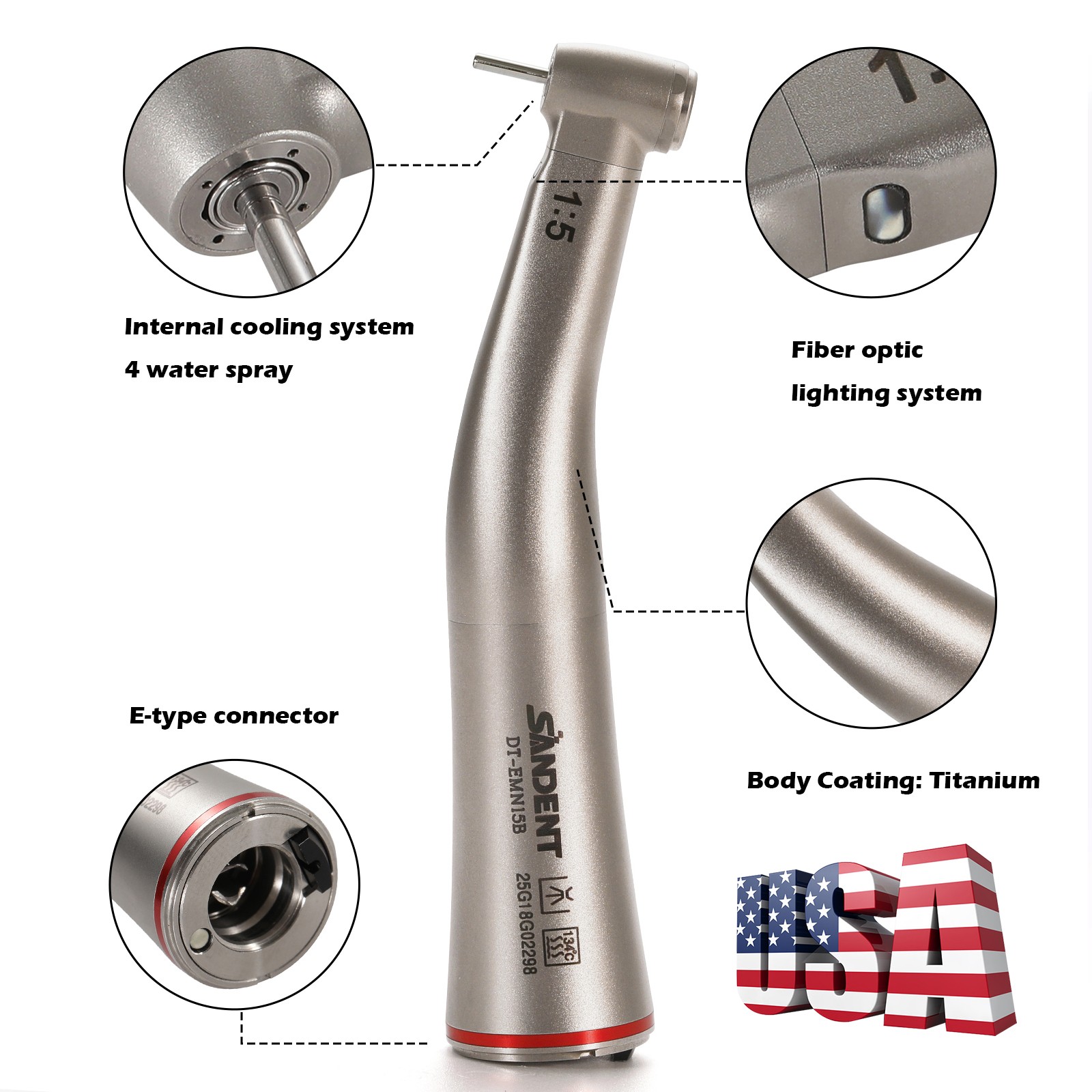 Dental 1:5 Contra Angle FG1.6mm LED Fiber Optic Handpiece MINI HEAD Inner