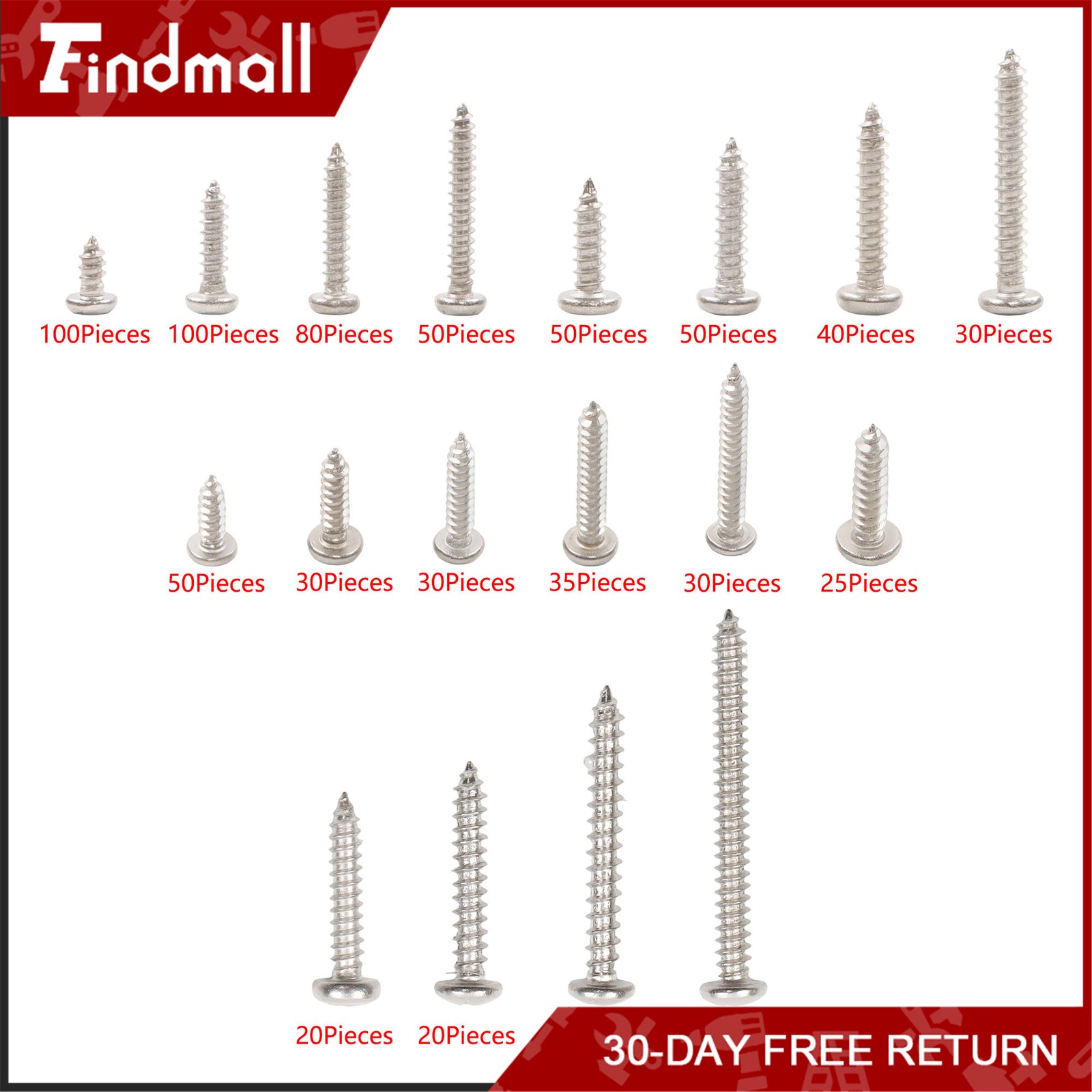 Findmall 780 PCS Pan Head Sheet Metal Screws Assortment Kit #4#6#8#10 Stainless