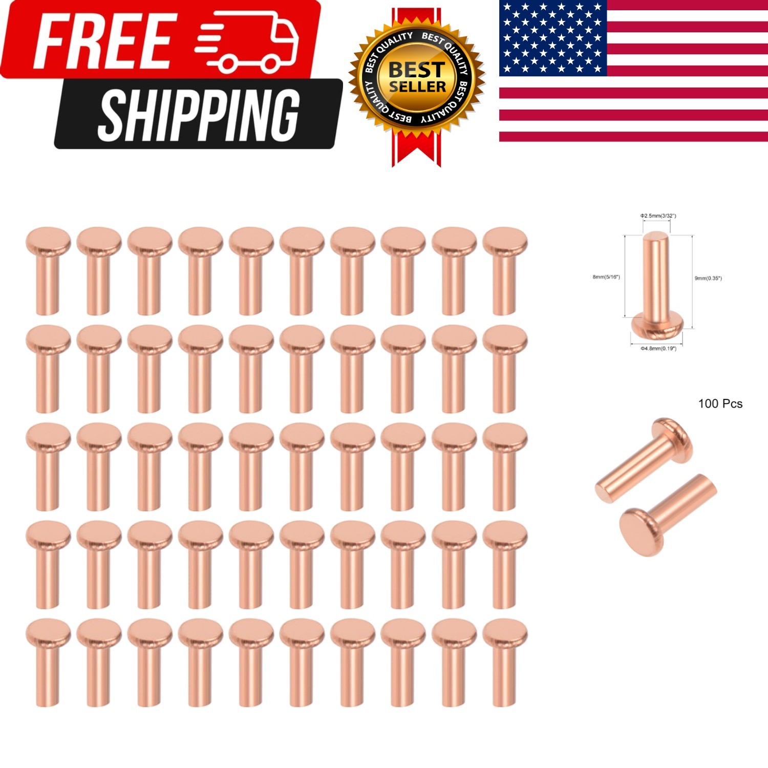 100Pcs Copper Solid Rivets, 3/32″ x 5/16″ Flat Head Rivet Metal Fasteners for…