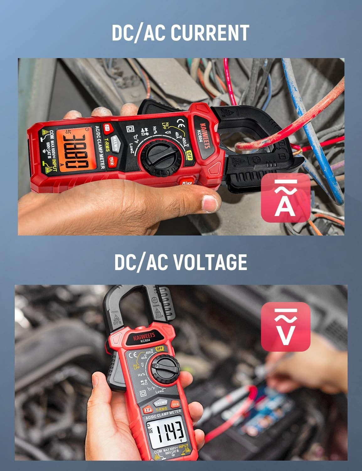 Battery Powered Clamp Meter for Voltage, Current, Temperature & NCV Detection