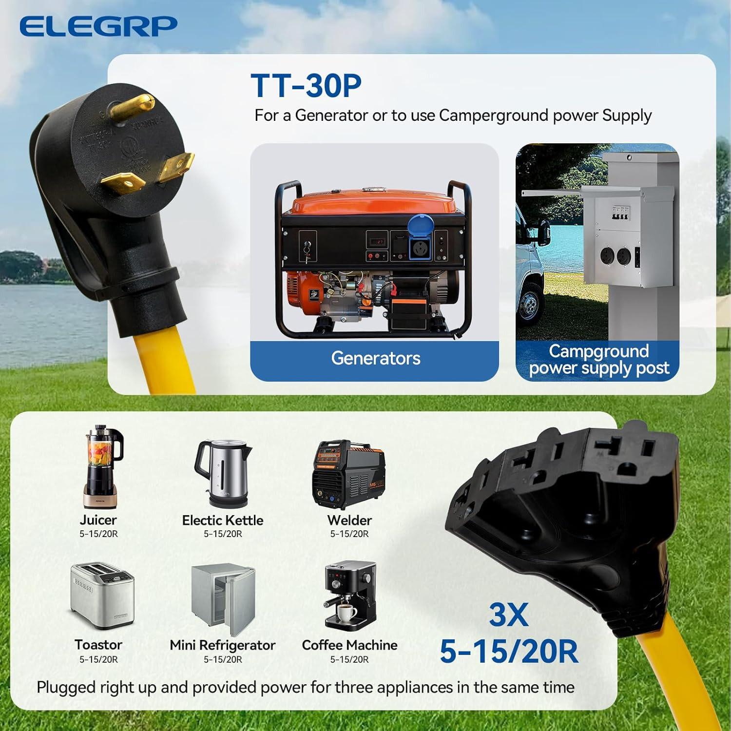 30 Amp to 110 RV Adapter Plug, 3 Way Outlet Splitter, NEMA TT-30P to 3X5-15R/5-2
