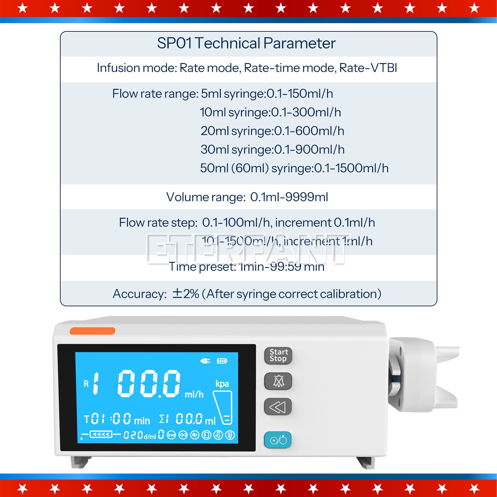 ETERFANT Touch Screen Syringe Pump/Portable Infusion Pump Real-time Alarm KVO