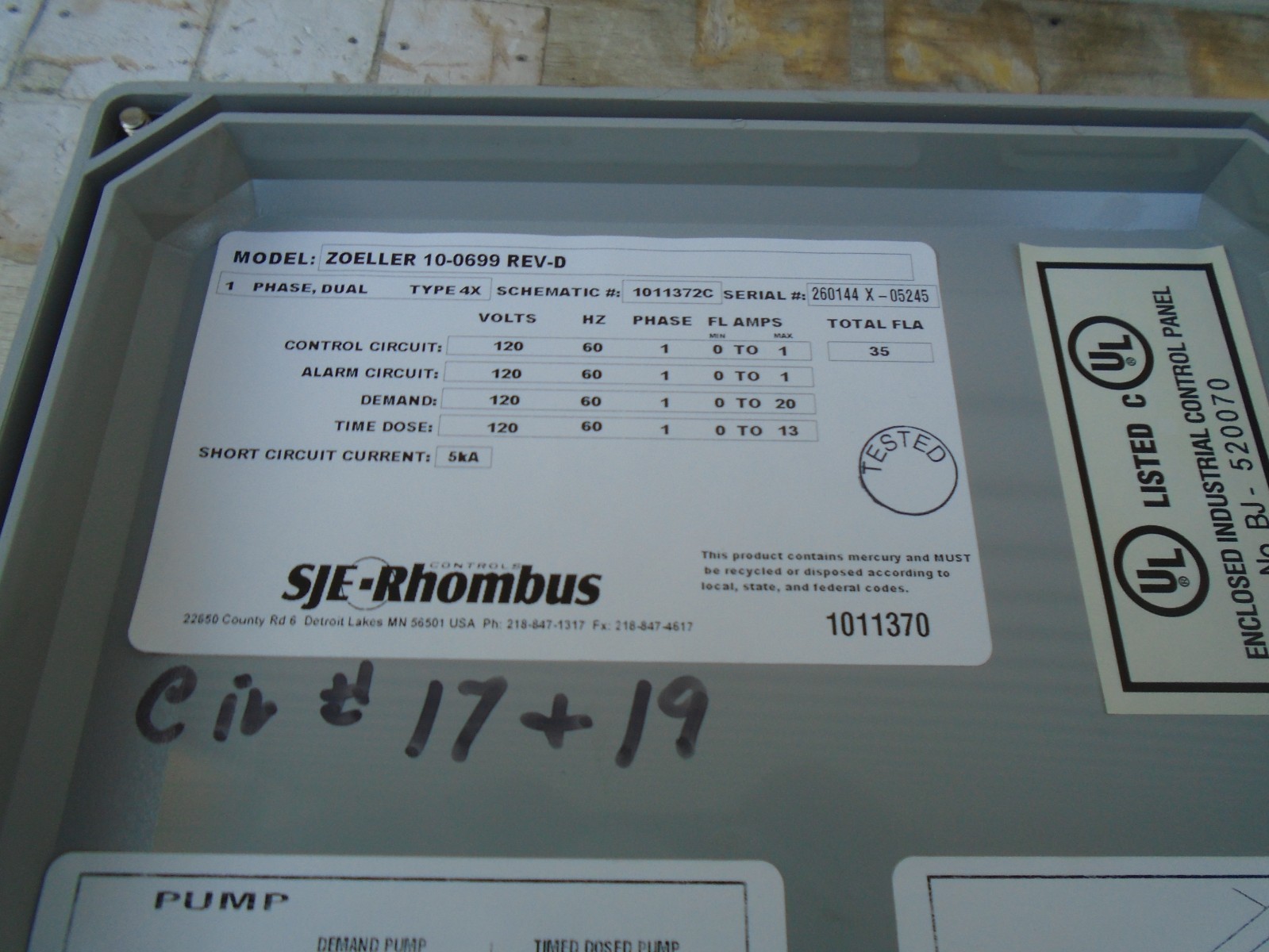 SJE Rhombus Time Timed Deamnd Dose Control Panel Zoeller Pump NEW