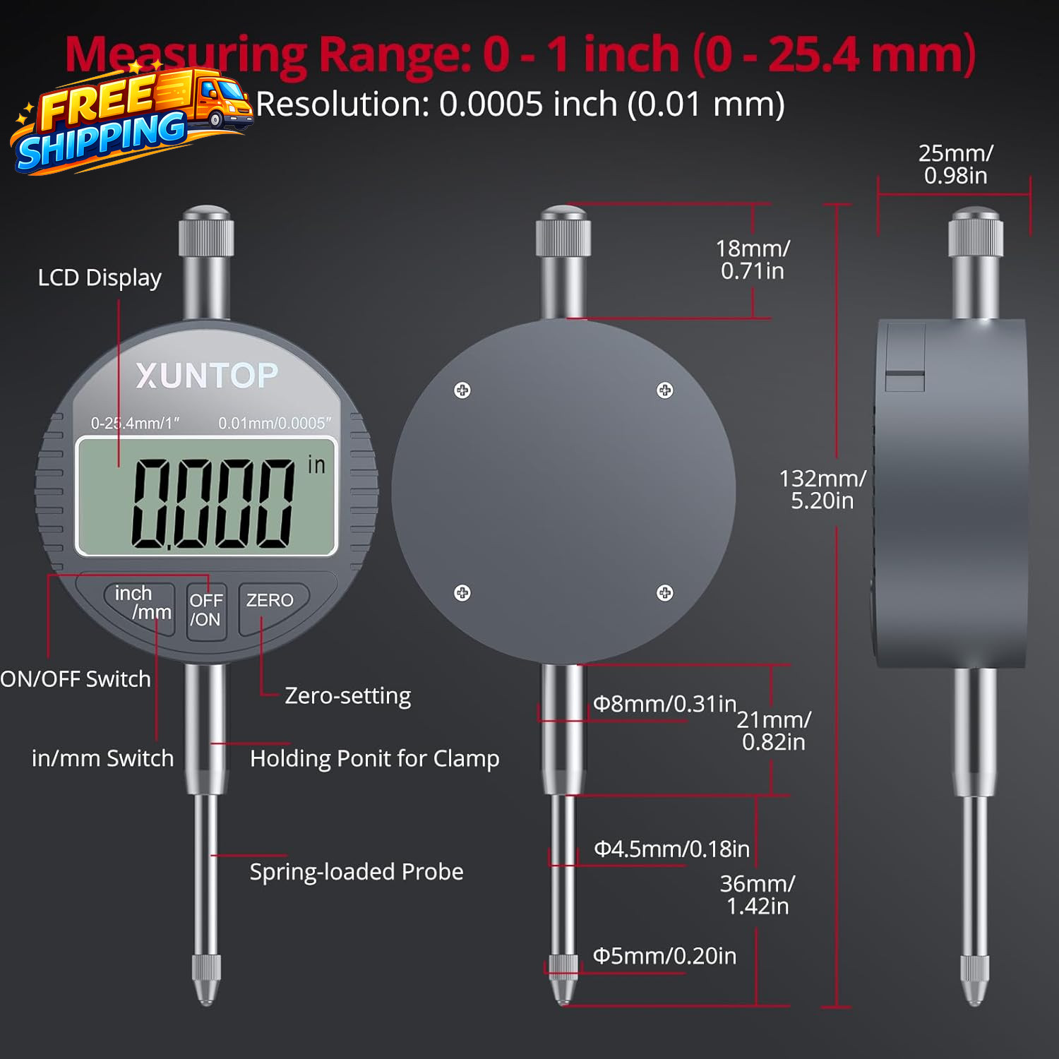Digital Dial Indicator 1Inch/0.0005Inch LCD Display Electronic Dial Test