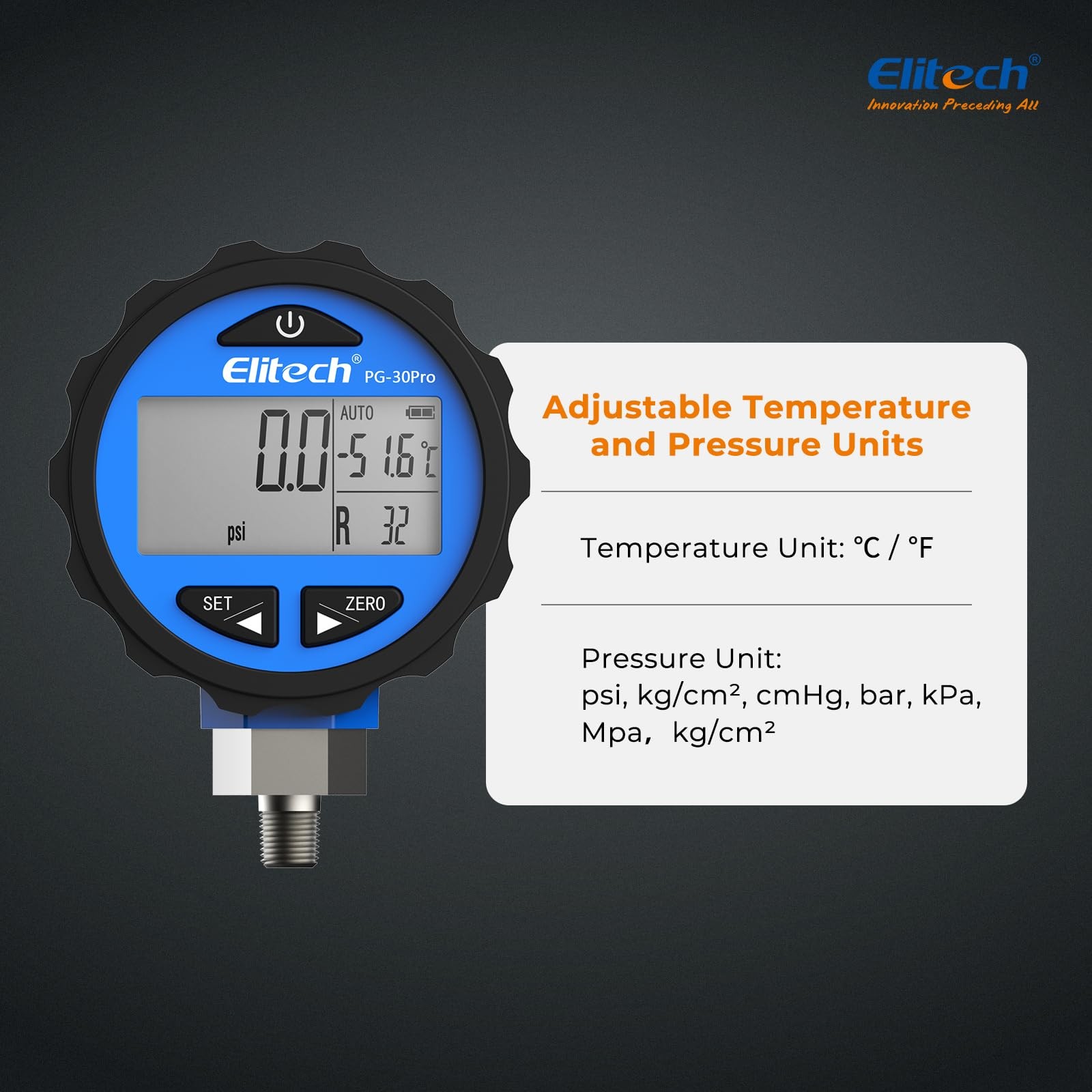 Elitech PG-30Pro Blue Refrigeration HVAC Digital Pressure Gauge
