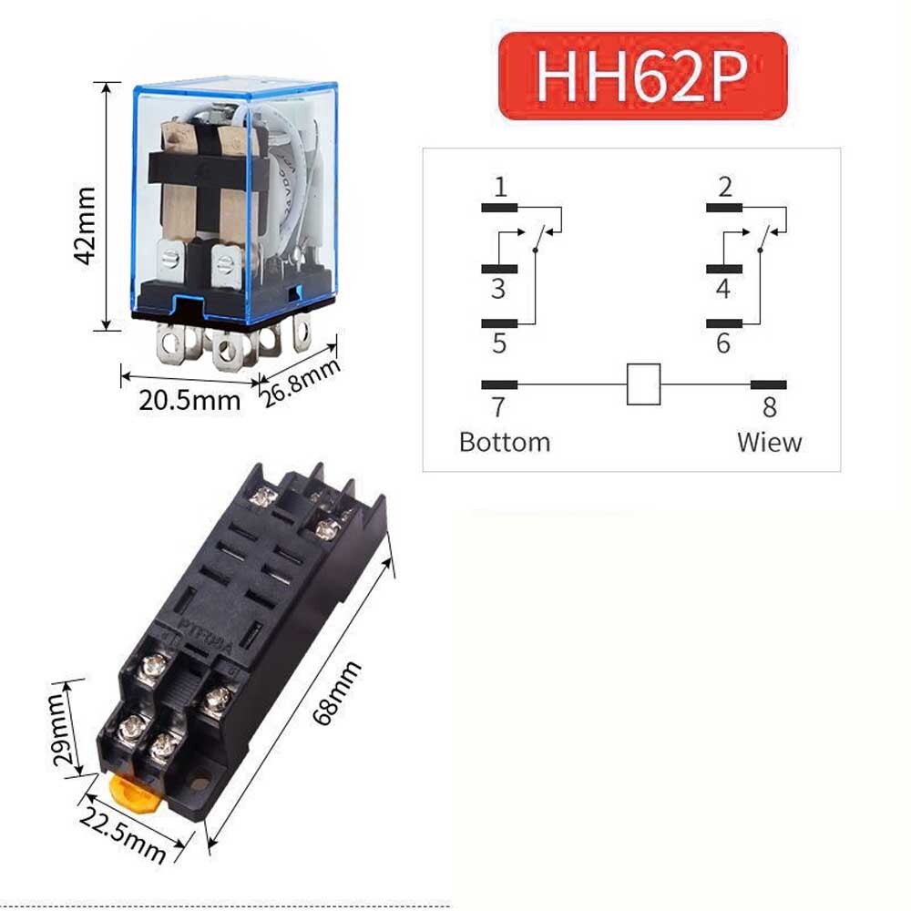 10pcs 12/24/110/220V AC/DC Coil Power Relay LY2NJ DPDT 8Pin HH62P JQX-13F w/Base