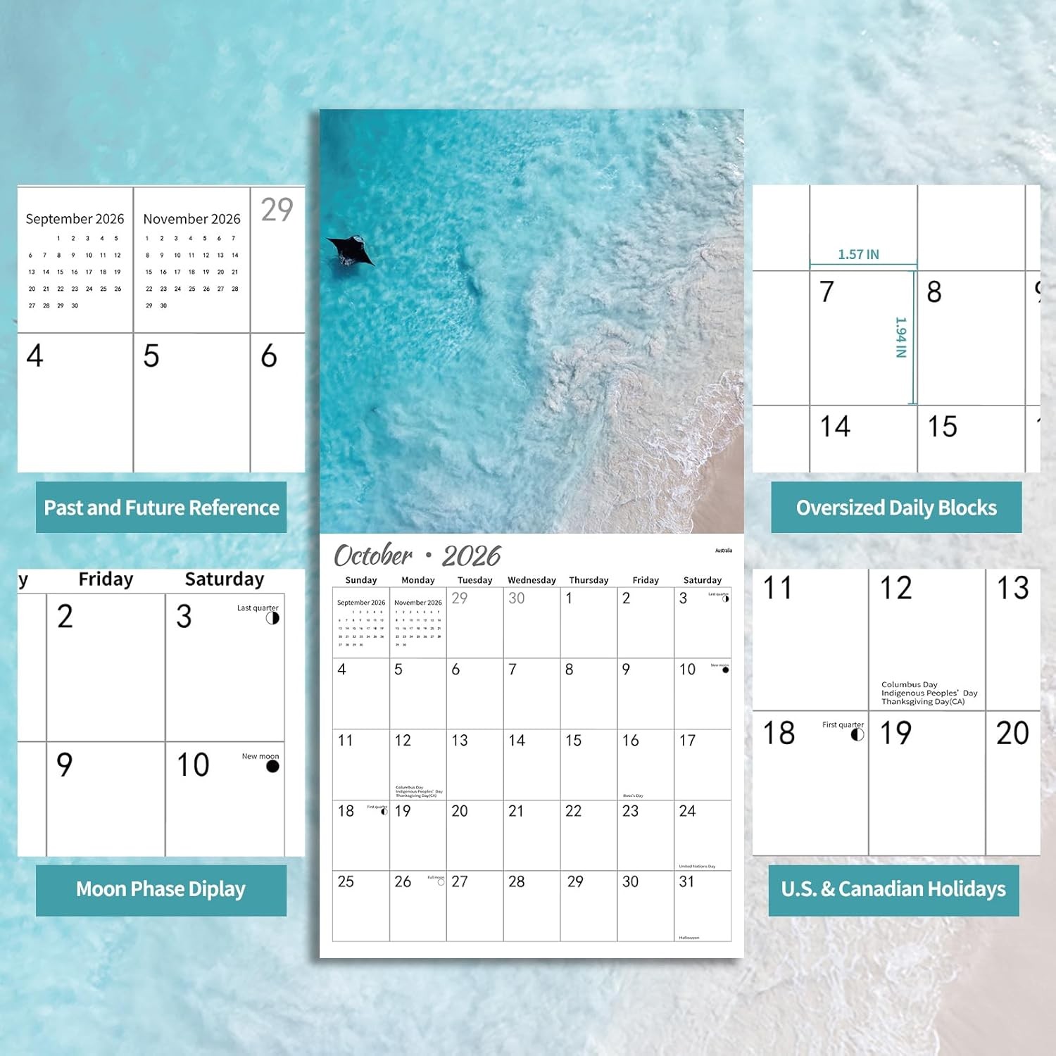 2026 Wall Calendar BEACHES, 12 Months Hangable Wall Calendars, Beach Calendars
