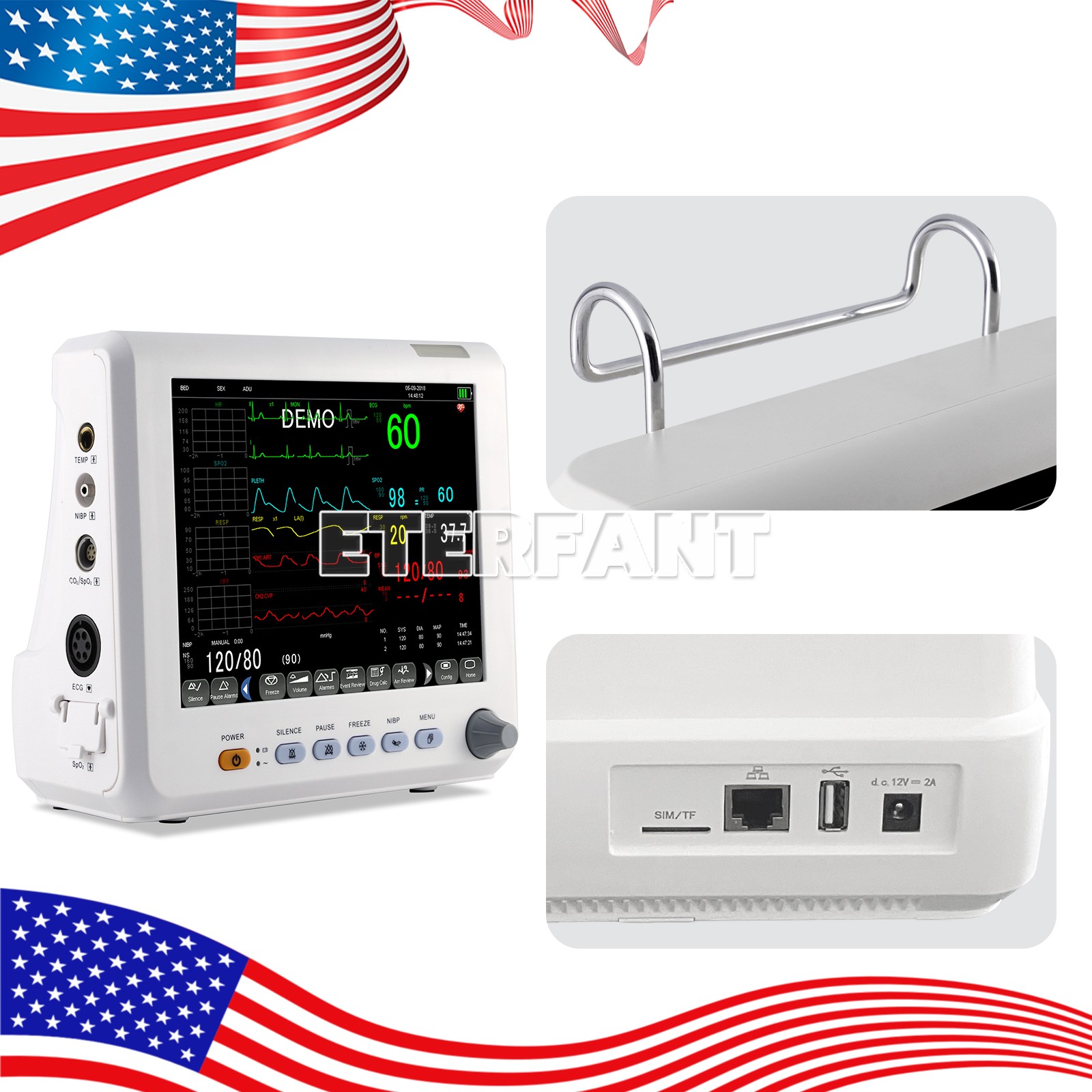 8/12/15» Multi-parameter Patient Monitor Vital Sign ECG NIBP RESP TEMP SPO2 PR