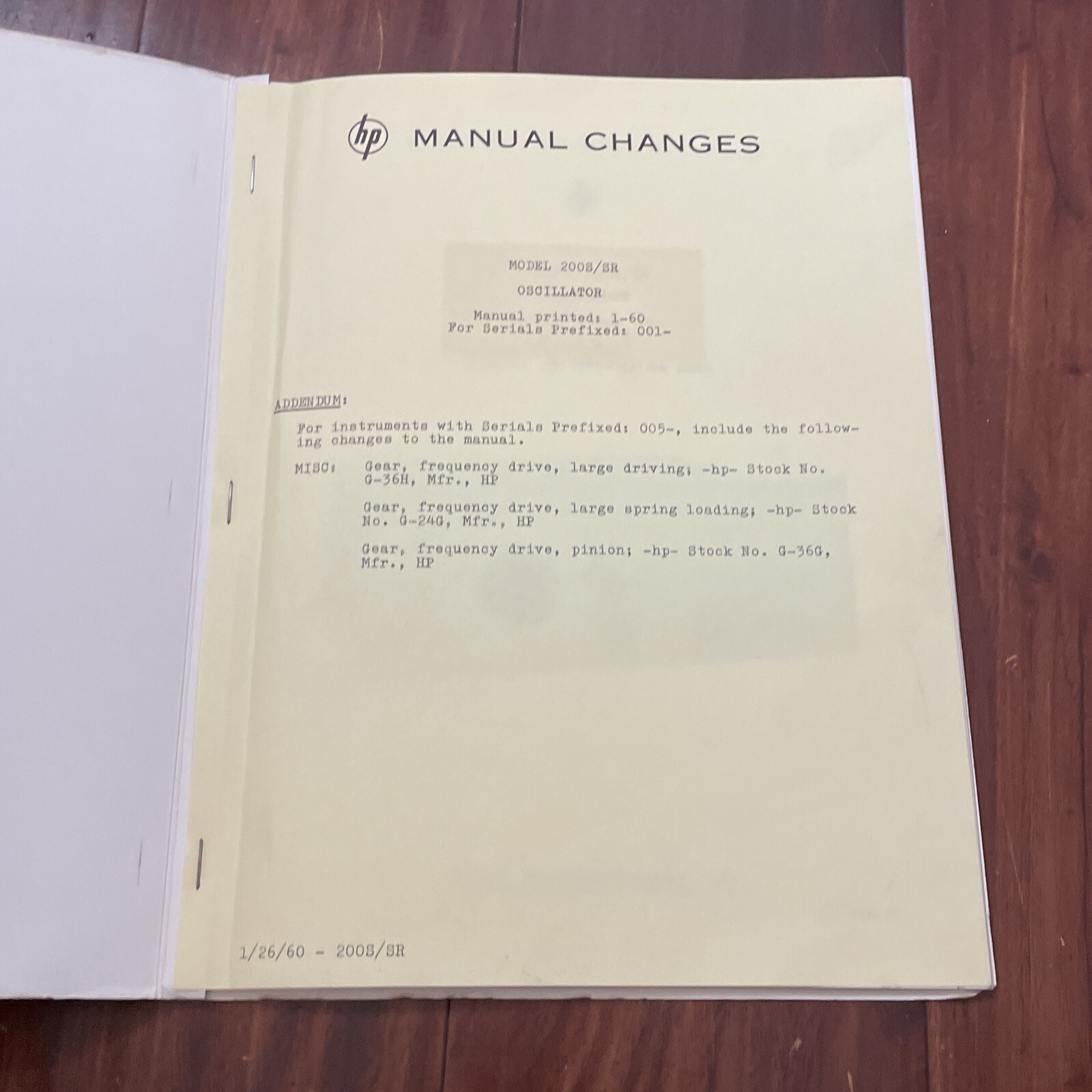 HP 200S/SR Oscillator Operating & Service Manual 200S001/1-60
