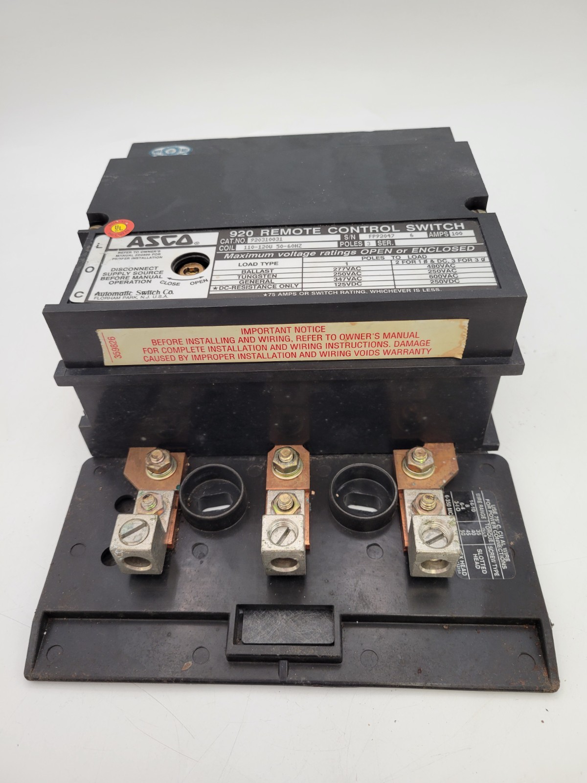 ASCO 920310031 Remote Control Switch 100A 3P 3PH Coil 110/120V 50/60Hz 920 Ser