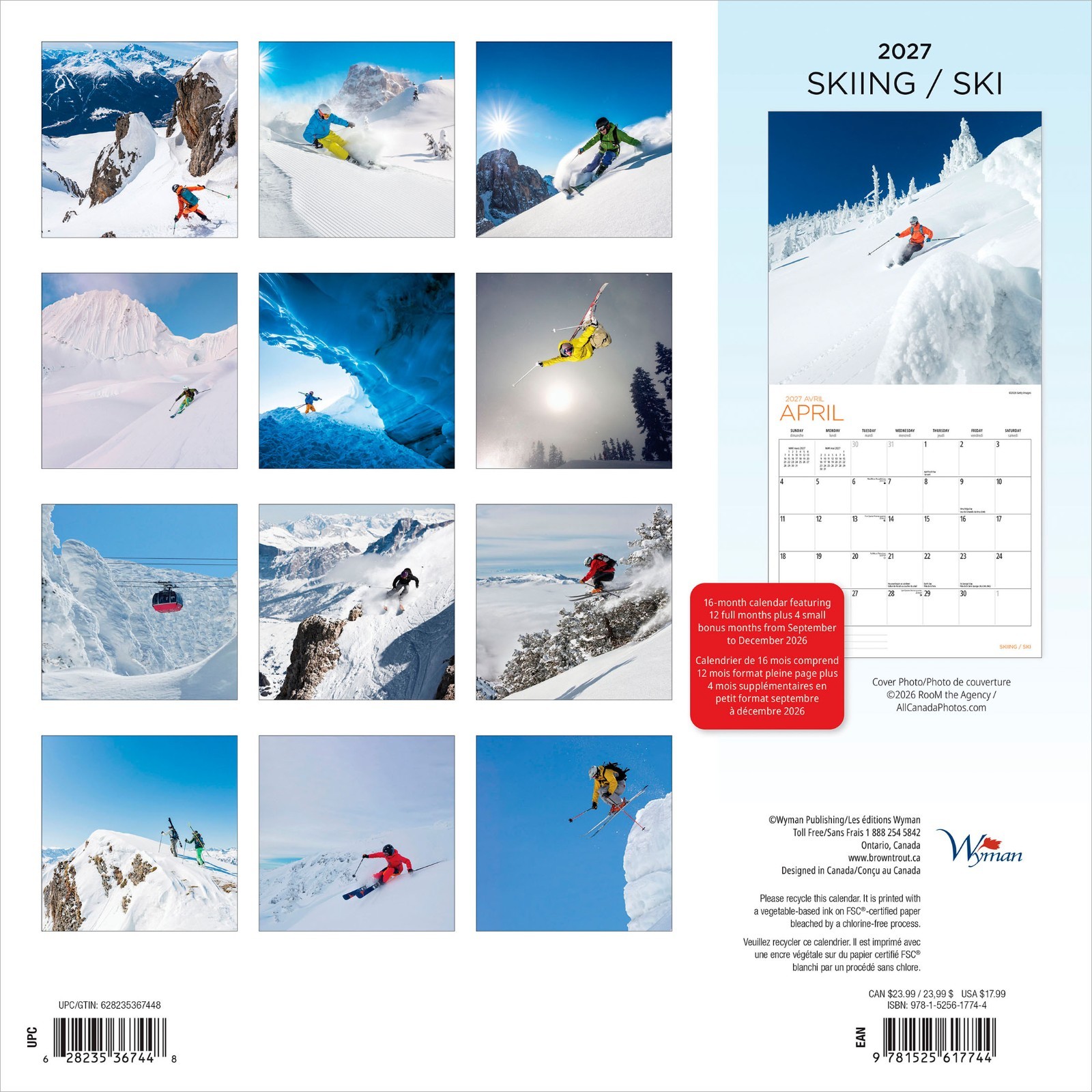 Skiing | 2027 12×24″ (Hanging) Monthly Square Wall Calendar