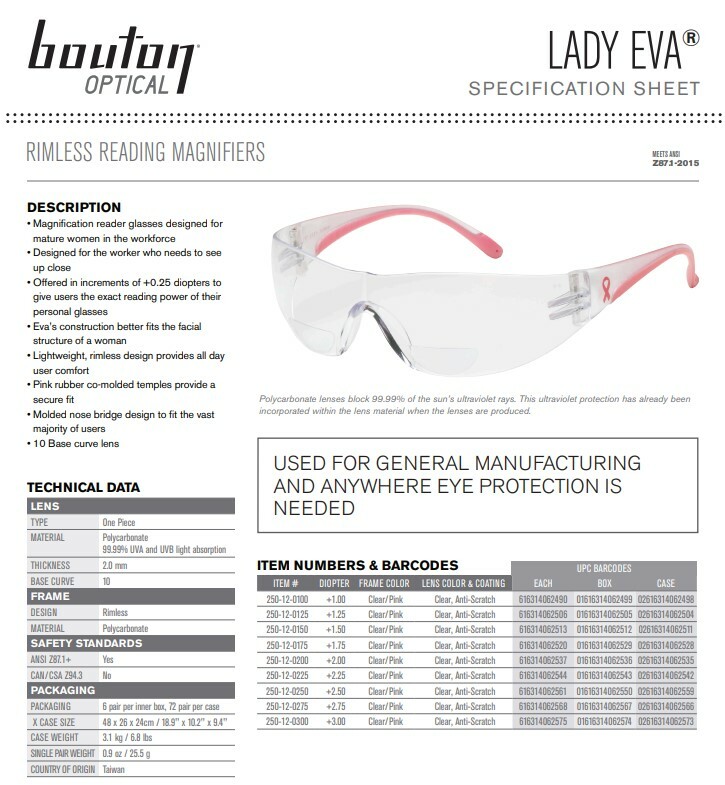 Bouton Lady Eva Bifocal Safety Reading Glasses Pink Temple Clear Anti-Fog Lens