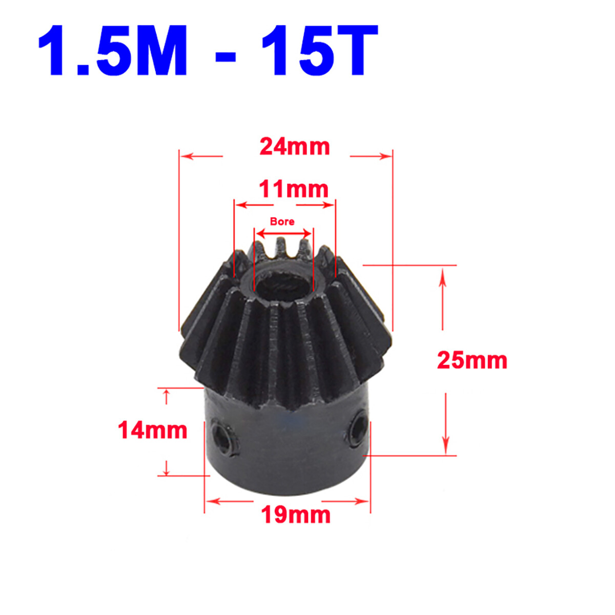 1.5 Mod Bevel Gear 1:2 15T 30T Tooth Metal Transmission Bore 5mm – 15mm 90°Steel
