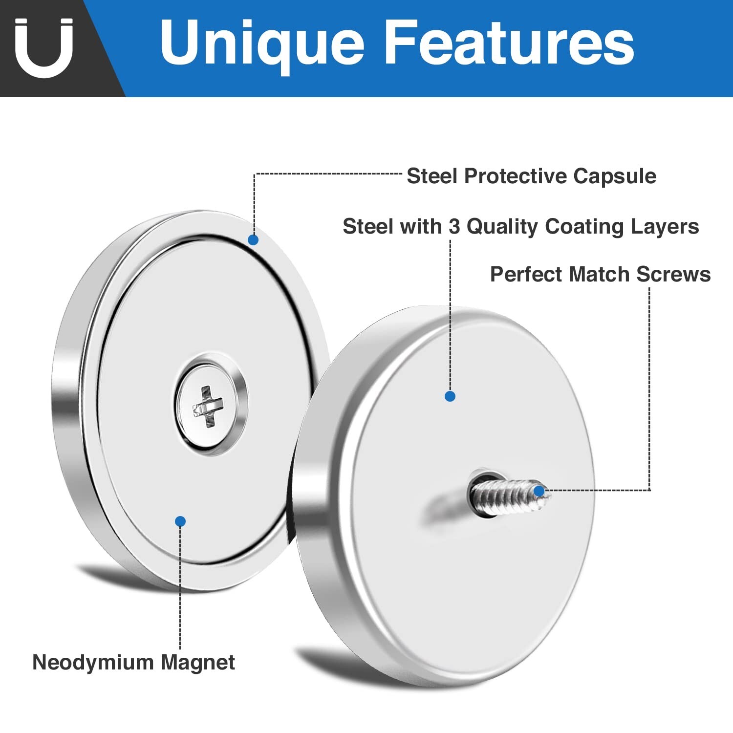 Powerful Neodymium Cup Magnets 110 lbs Hold Pack of 4 or 8 with Stainless Screws
